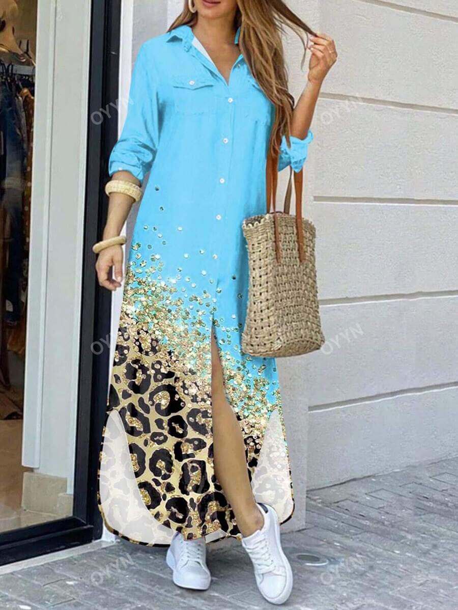 فستان-قميص-طويل-بطبعة-جلد-النمر-للنساء-بأكمام-طويلة