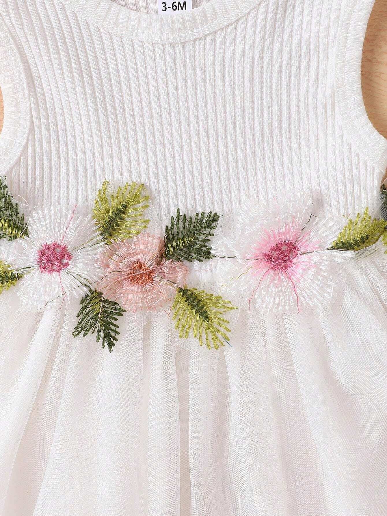 فستان بناتي ربيعي/خريف بدون أكمام مطرز بالورود وشبكة بلون متباين مع جاكيت