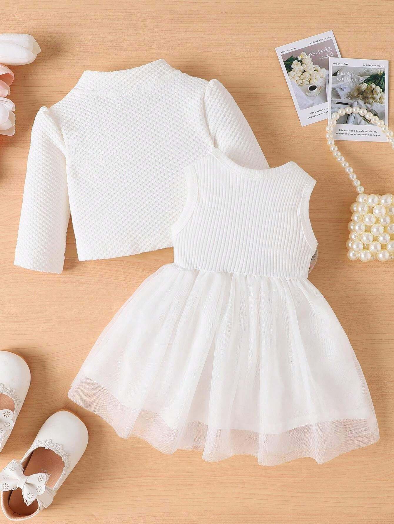 فستان بناتي ربيعي/خريف بدون أكمام مطرز بالورود وشبكة بلون متباين مع جاكيت