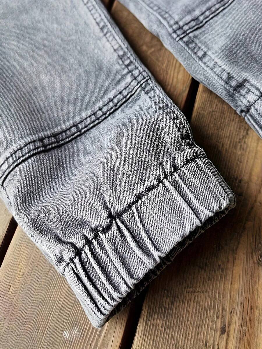 قطعة واحدة من بنطلون جينز بسيط للأولاد الصغار لفصل الربيع/الخريف (مع أطراف مكشكشة)