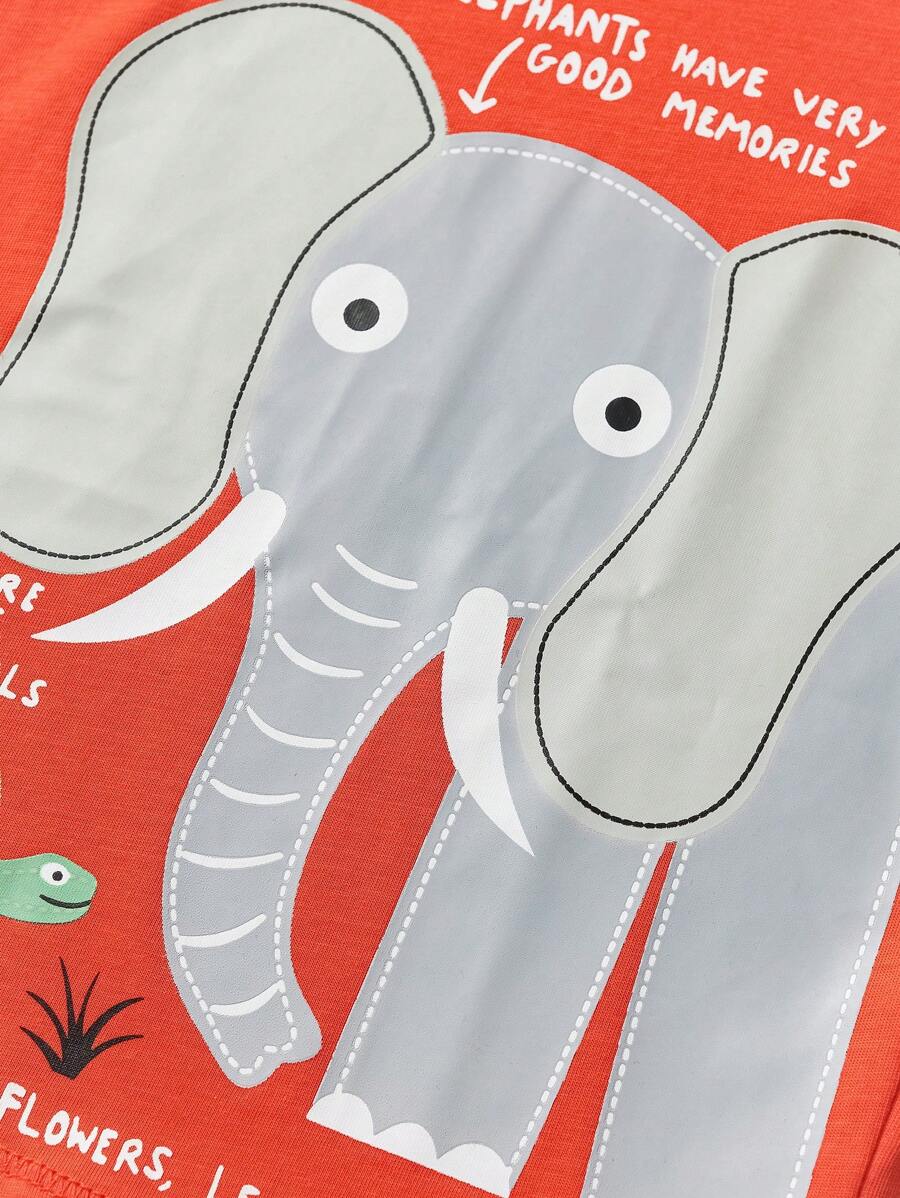 تي شيرت كاجوال للأولاد الصغار برقبة دائرية وأكمام قصيرة وطبعة فيل كرتونية، ملابس عصرية للربيع والصيف