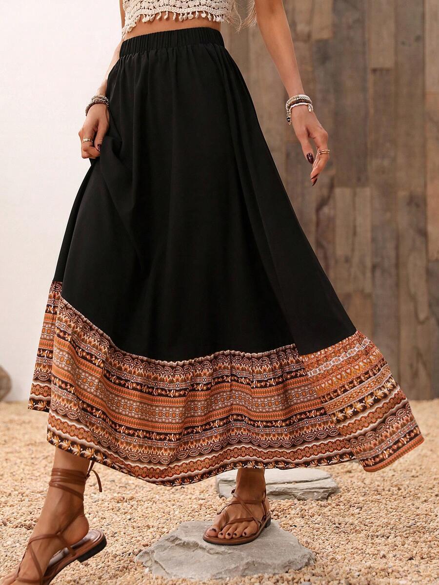 تنورة ماكسي كاجوال بنقشة مرقعة مطبوعة للنساء من SHEIN LUNE، مناسبة للخريف