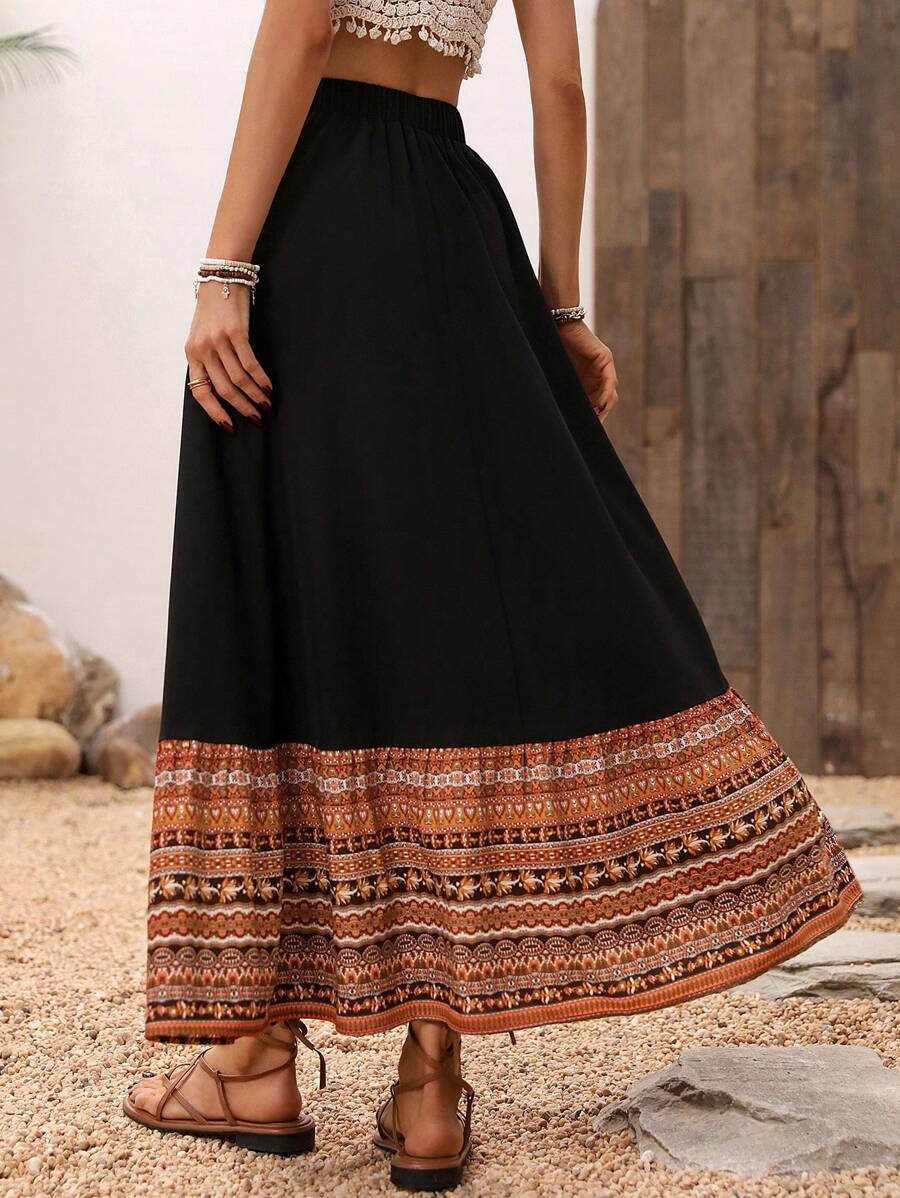 تنورة ماكسي كاجوال بنقشة مرقعة مطبوعة للنساء من SHEIN LUNE، مناسبة للخريف