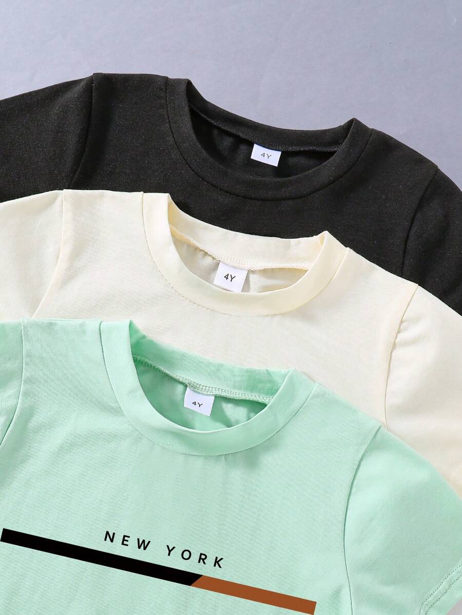 3 قطع/مجموعة تي شيرت بأكمام قصيرة مطبوع عليه حروف للأولاد الصغارShein