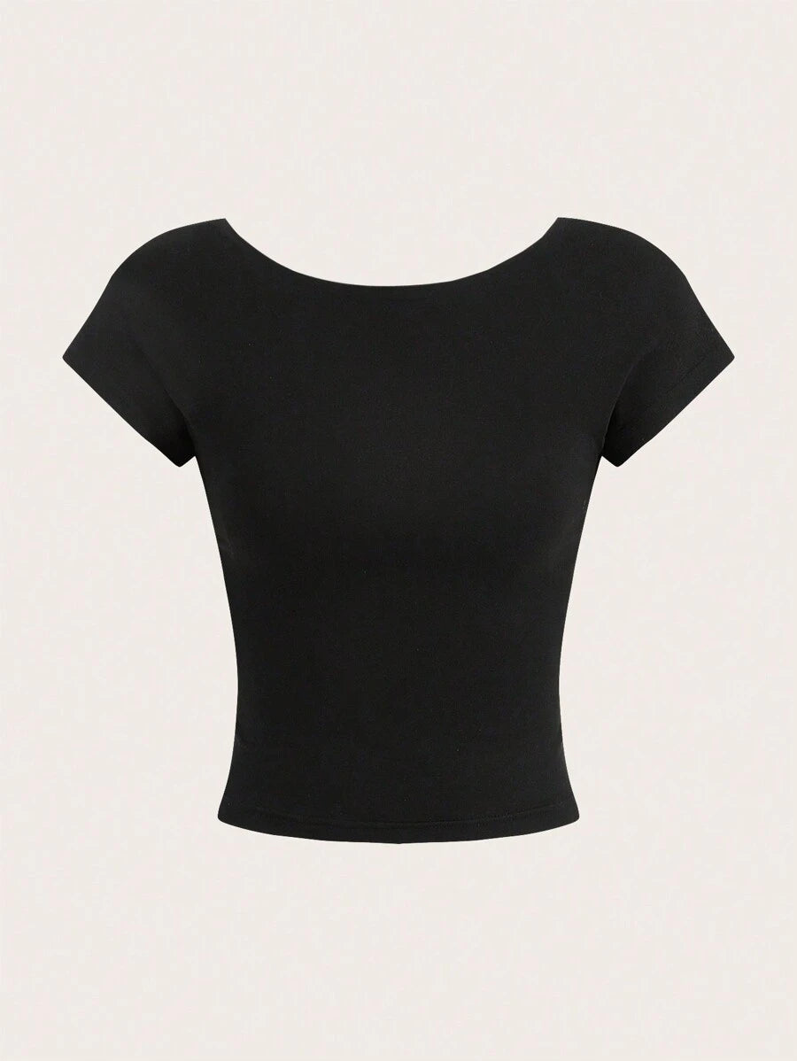 SHEIN EZwear 2pcs Sexy Women's Round Neck Backless Short Sleeve Crop Top Fit For Summer