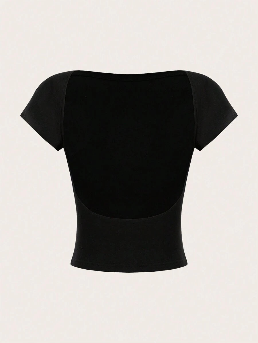 SHEIN EZwear 2pcs Sexy Women's Round Neck Backless Short Sleeve Crop Top Fit For Summer