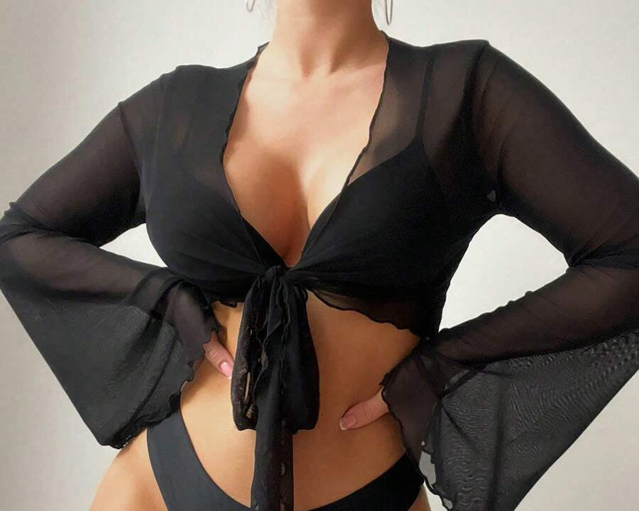 كيمونو نسائي من SHEIN Swim Summer Beach برباط أمامي وحاشية
