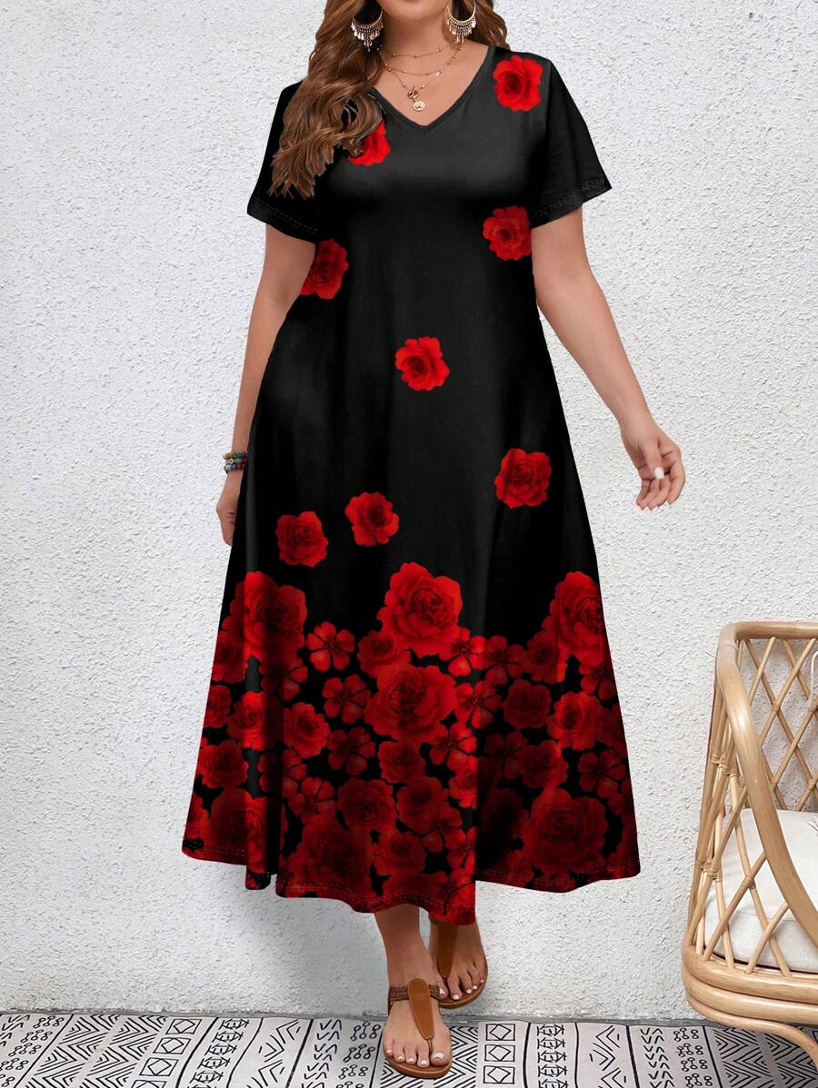 فستان إيمري روز النسائي ذو المقاس الكبير، مطبوع عليه زهور وردية، بأكمام قصيرة Shein