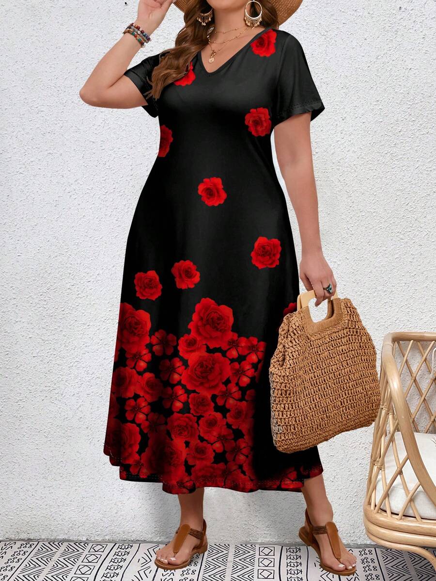 فستان إيمري روز النسائي ذو المقاس الكبير، مطبوع عليه زهور وردية، بأكمام قصيرة Shein