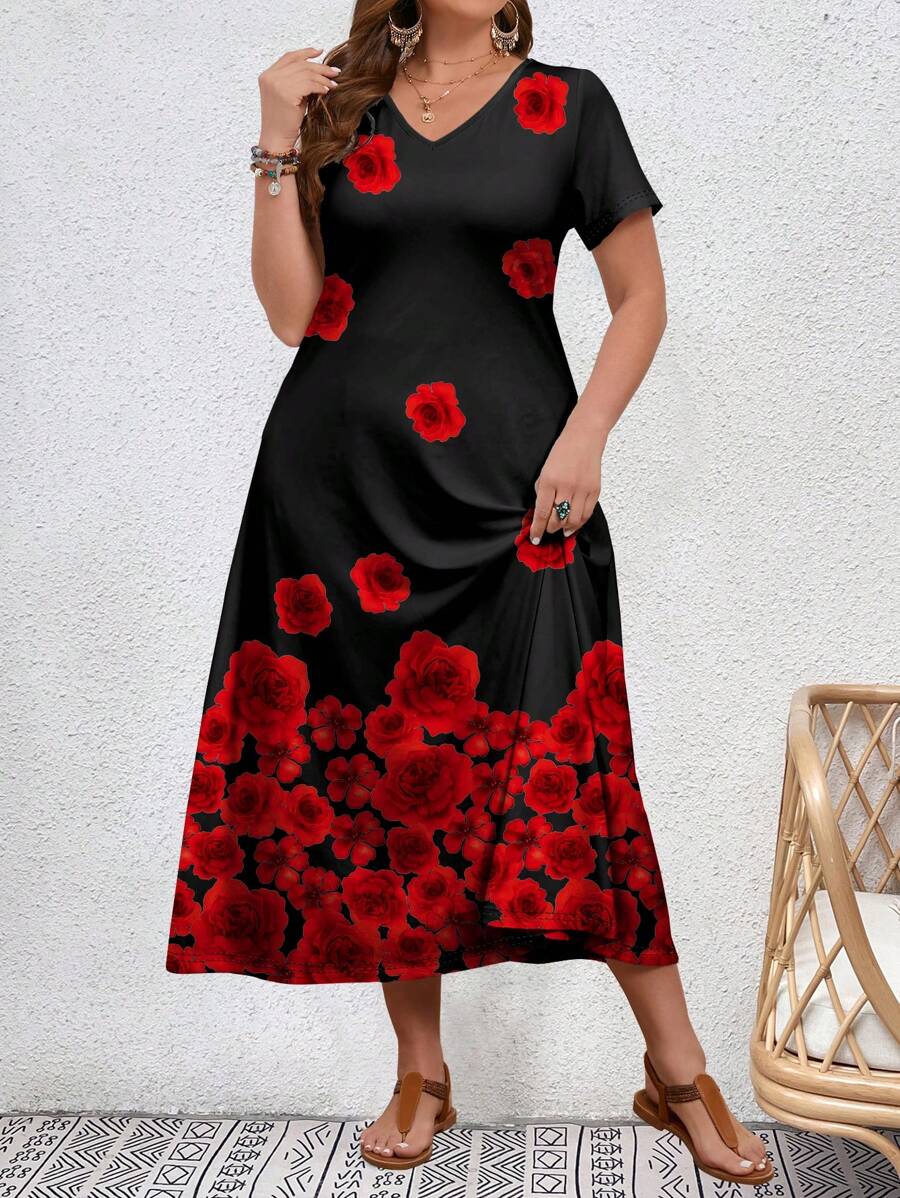 فستان إيمري روز النسائي ذو المقاس الكبير، مطبوع عليه زهور وردية، بأكمام قصيرة Shein