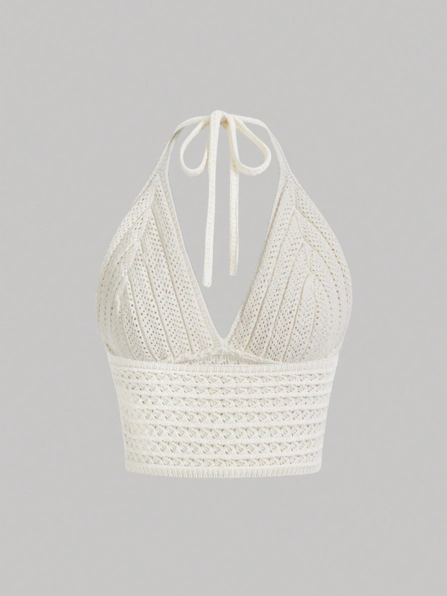 توب نسائي محبوك بلون سادة بتصميم V-Neck وحمالة حول الرقبة من SHEIN MOD