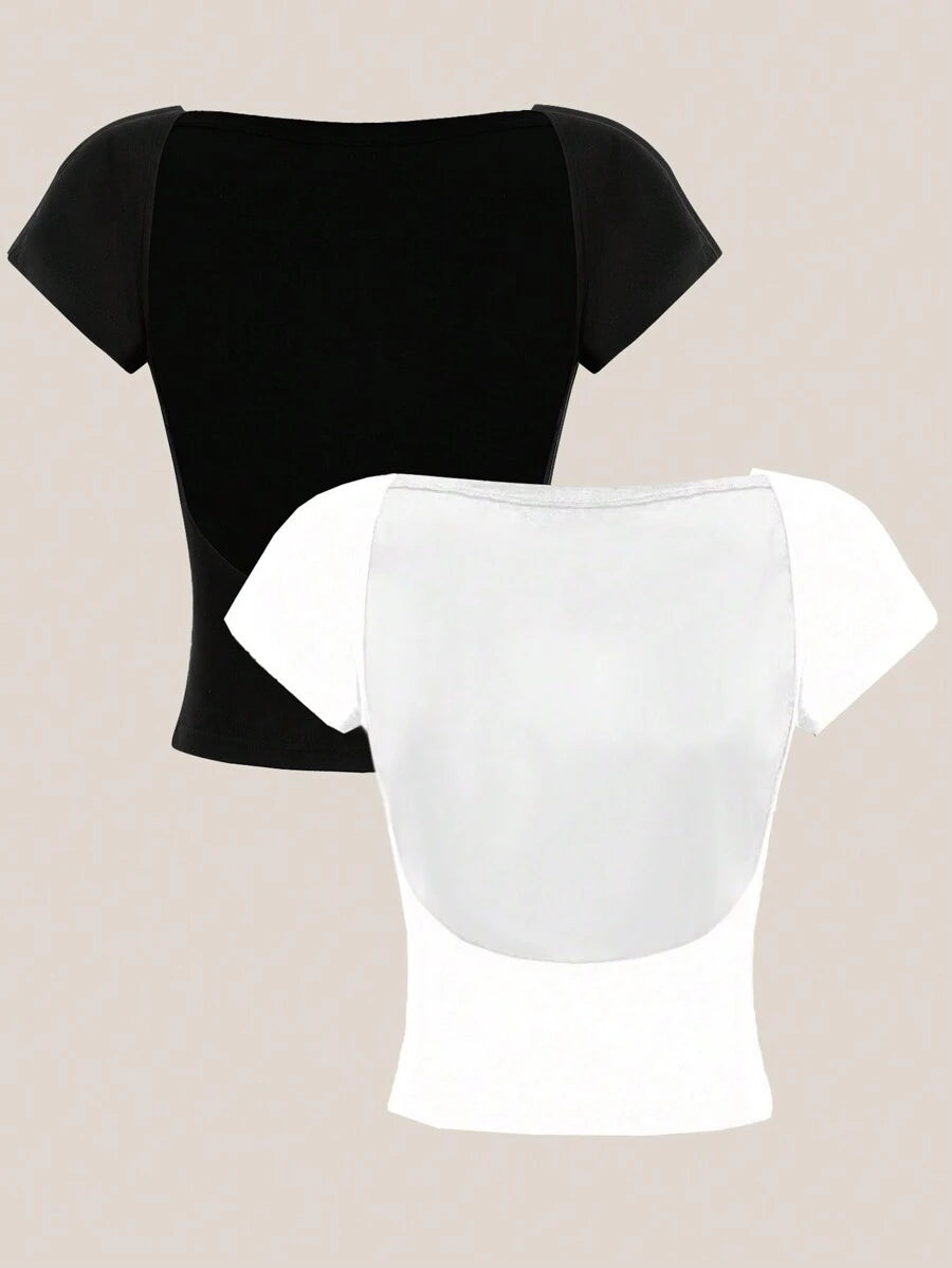 SHEIN EZwear 2pcs Sexy Women's Round Neck Backless Short Sleeve Crop Top Fit For Summer