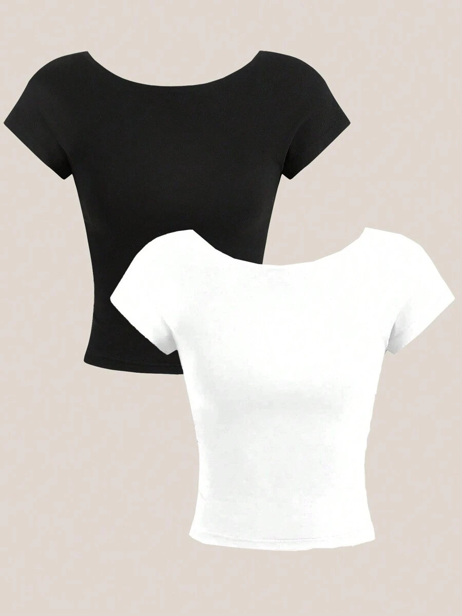 SHEIN EZwear 2pcs Sexy Women's Round Neck Backless Short Sleeve Crop Top Fit For Summer