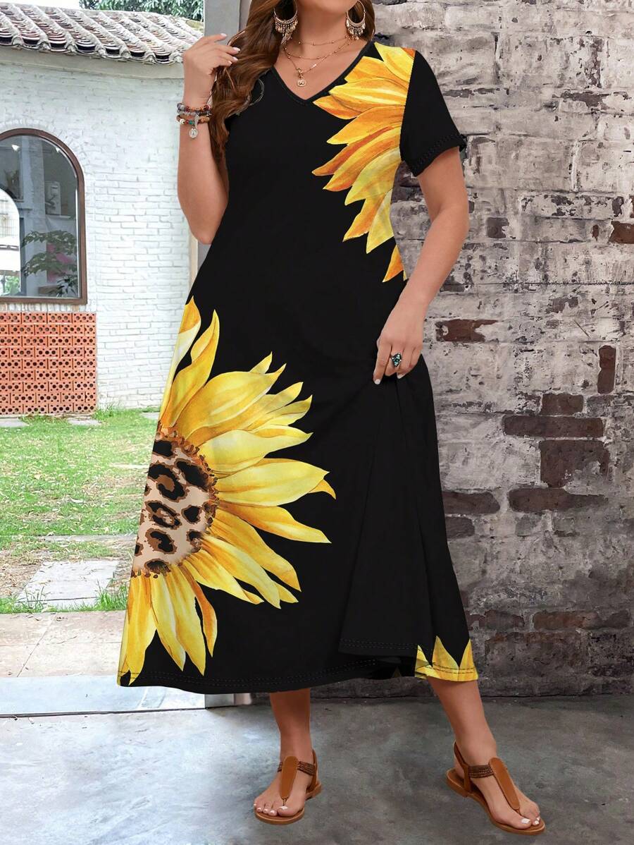 فستان نسائي طويل ملائم بنقشة زهور عباد الشمس من SHEIN VCAY