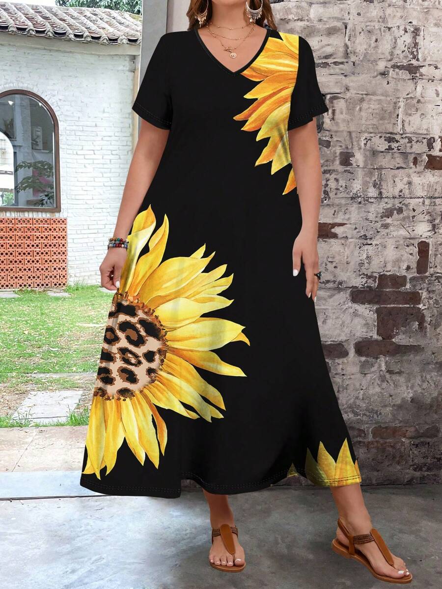 فستان نسائي طويل ملائم بنقشة زهور عباد الشمس من SHEIN VCAY