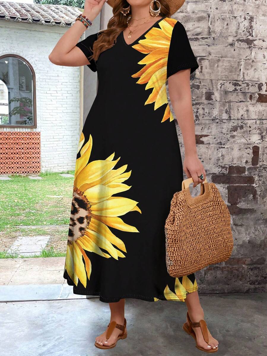 فستان نسائي طويل ملائم بنقشة زهور عباد الشمس من SHEIN VCAY