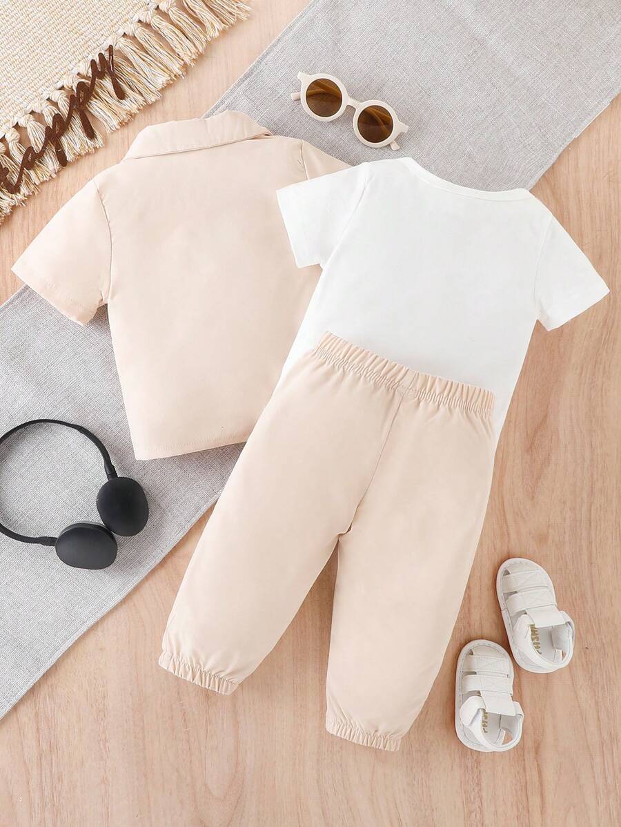 طقم ملابس صيفي للأولاد الصغار، مكون من قميص عمل بأكمام قصيرة وتيشيرت وبنطلون مع جيوب،