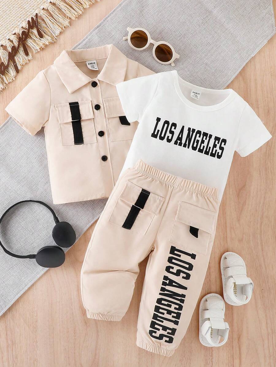 طقم ملابس صيفي للأولاد الصغار، مكون من قميص عمل بأكمام قصيرة وتيشيرت وبنطلون مع جيوب،