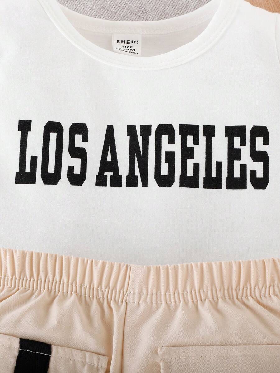 طقم ملابس صيفي للأولاد الصغار، مكون من قميص عمل بأكمام قصيرة وتيشيرت وبنطلون مع جيوب،