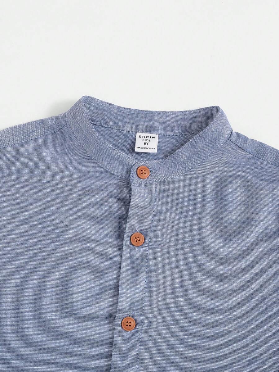 طقم قميص وشورت صيفي كاجوال بياقة واقفة وأزرار ملونة للأولاد من SHEIN
