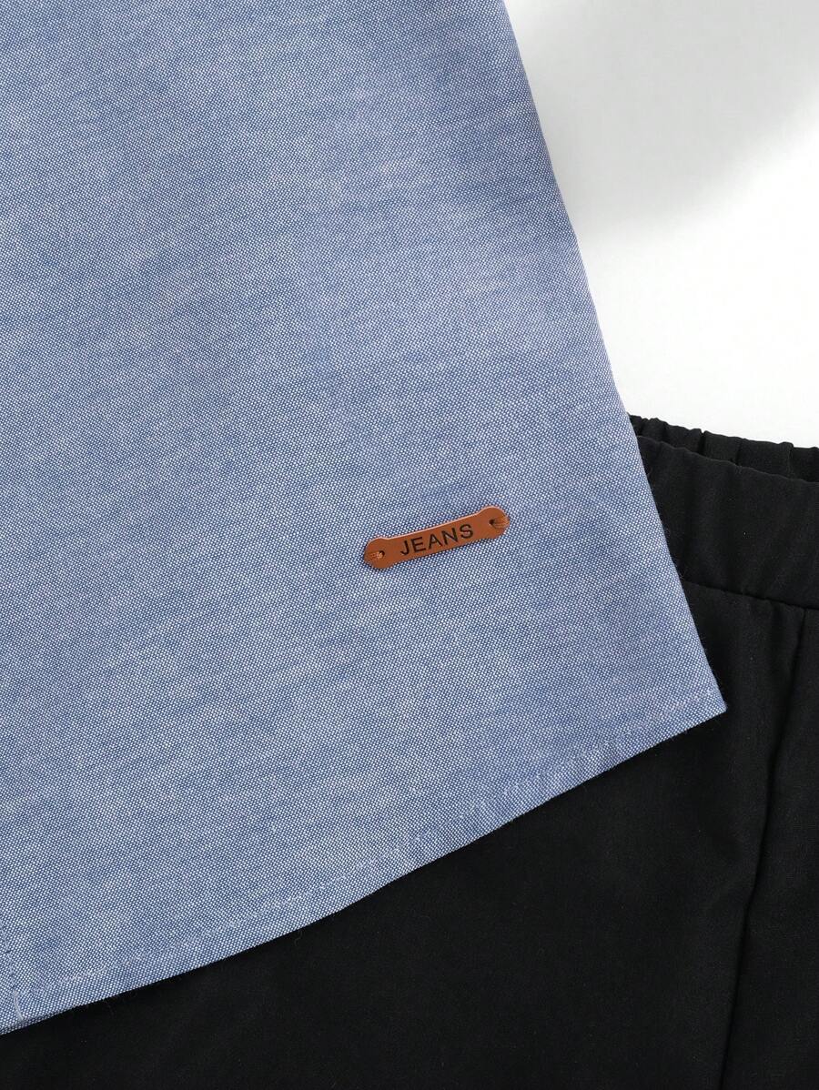 طقم قميص وشورت صيفي كاجوال بياقة واقفة وأزرار ملونة للأولاد من SHEIN