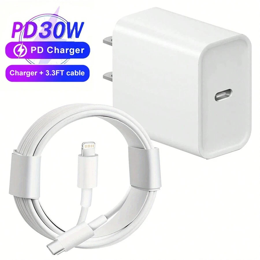 شاحن PD بقدرة 30 واط + كابل شحن PD بطول 1 متر، متوافق مع iPhone 14/13/12/11 و iPad، كابل تايب C ومحول للشحن السريع