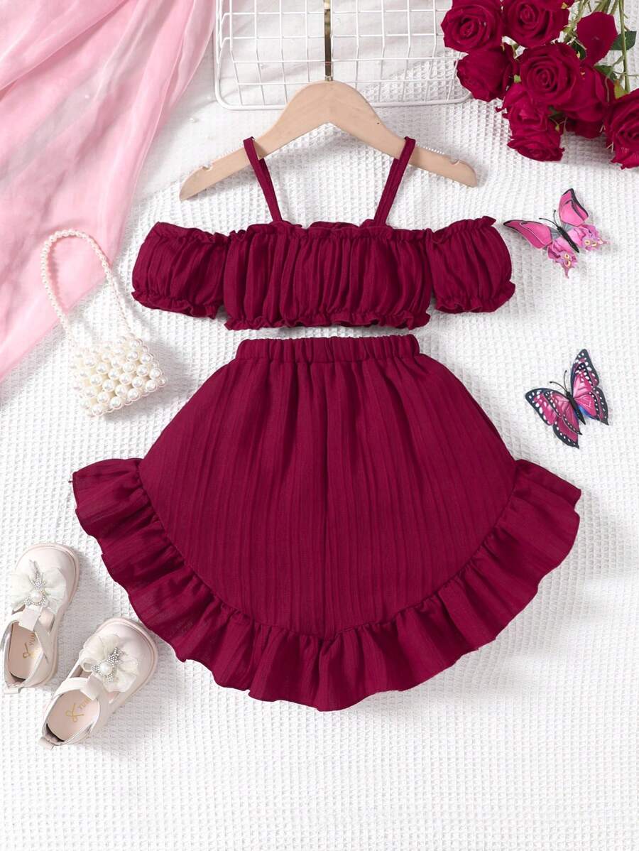 طقم ملابس كاجوال من قطعتين من SHEIN للفتيات الصغيرات مكون من توب وتنورة