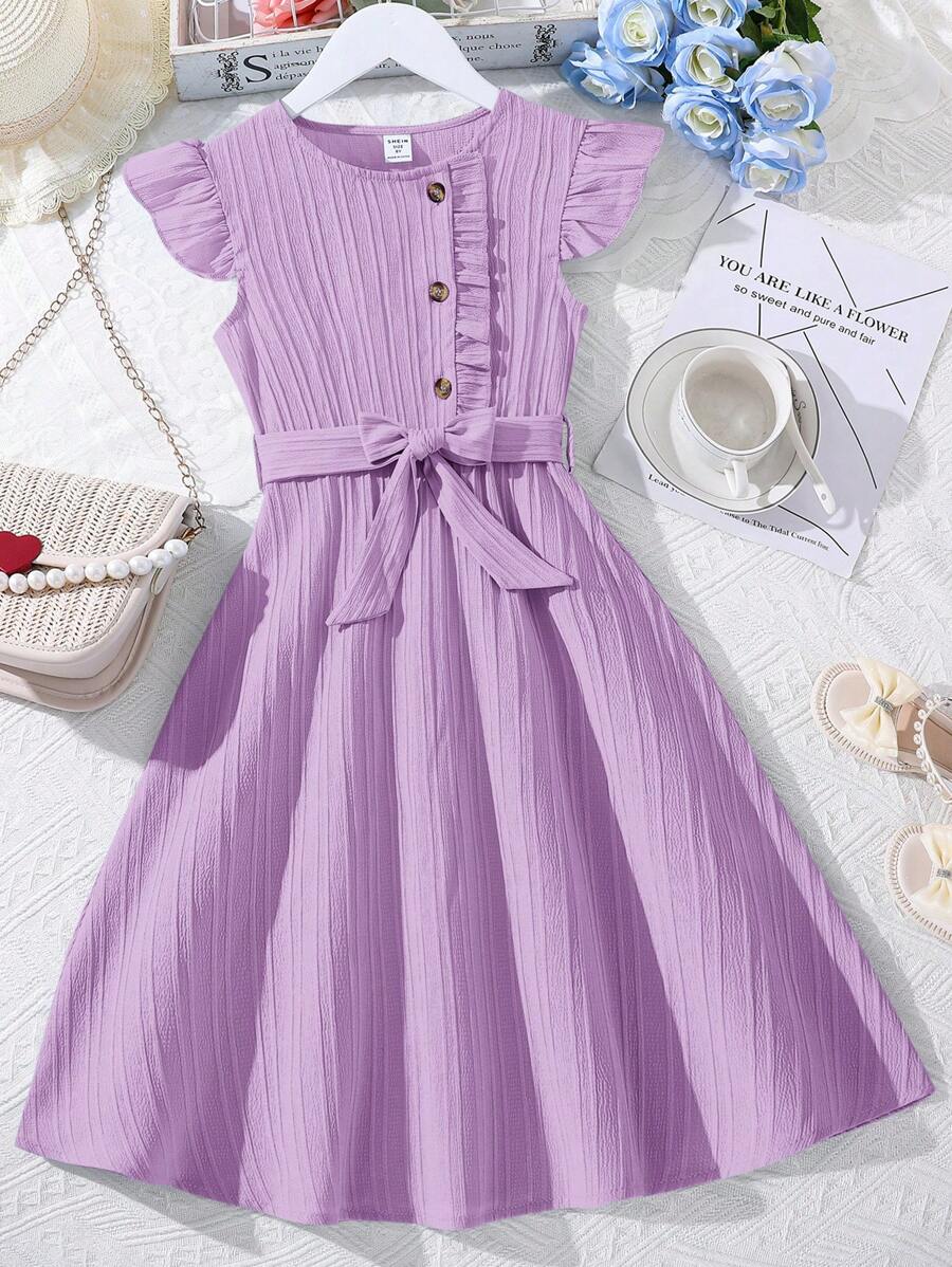 فستان SHEIN للفتيات برقبة دائرية وأكمام قصيرة وخصر بحزام وتصميم بسيط