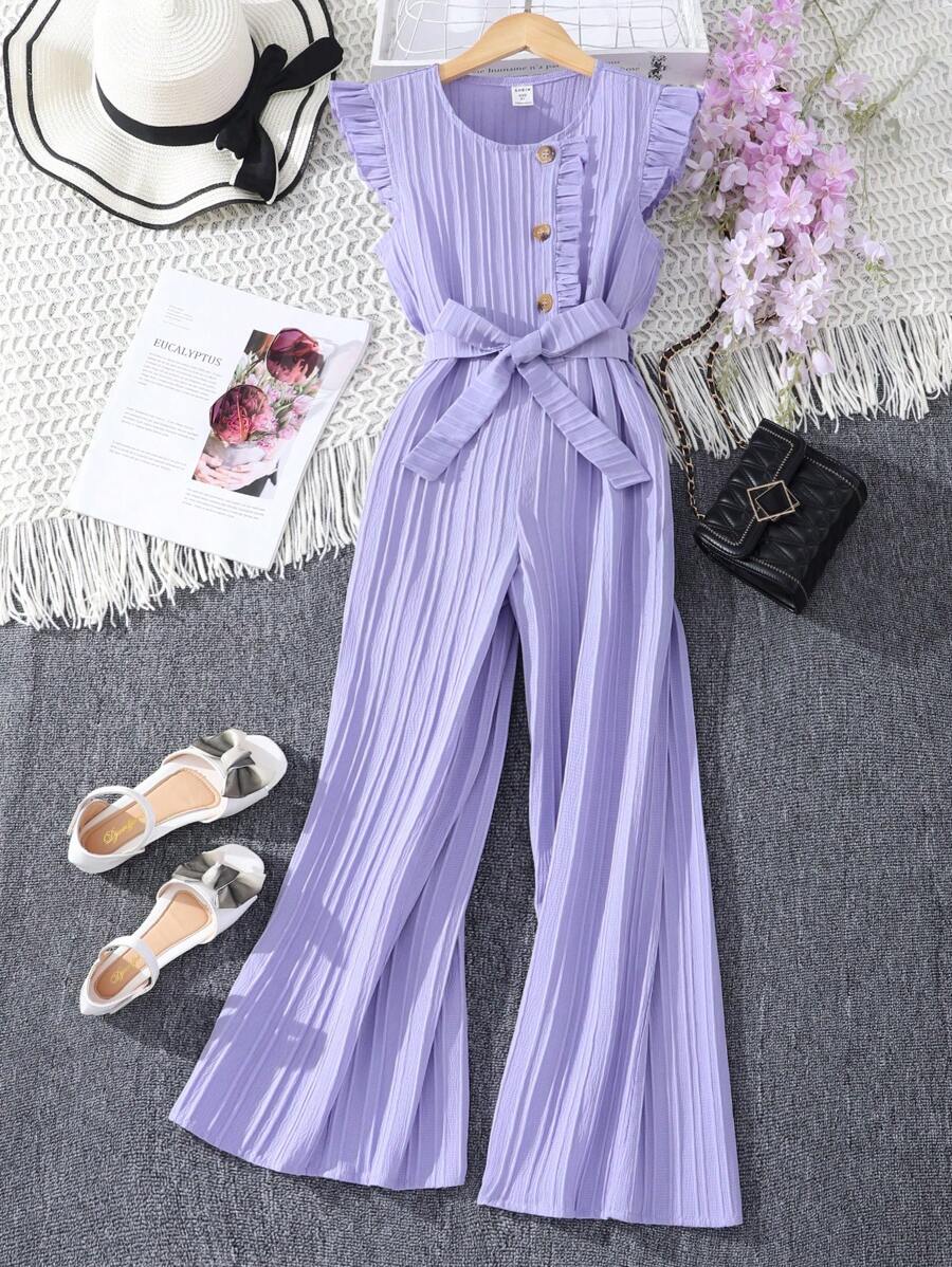 جمبسوت بأزرار أمامية وحواف كشكشة وساق واسعة من شي إن – توين جيرل