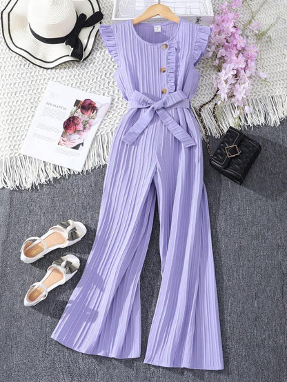 جمبسوت بأزرار أمامية وحواف كشكشة وساق واسعة من شي إن – توين جيرل