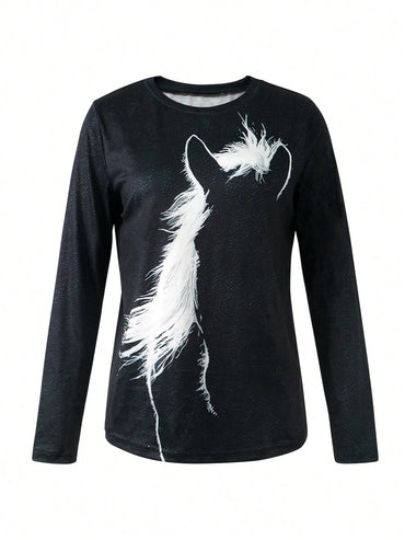 SHEIN LUNE Round Neck Horse Print Long Sleeve T-Shirt, Spring Leisure