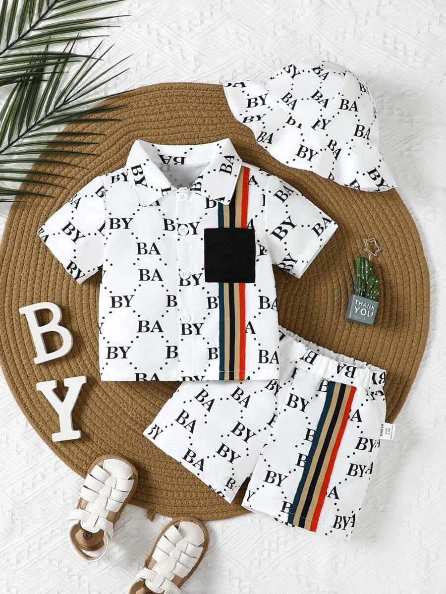 طقم بيبي ولادي 3 قطع – تيشيرت بأكمام قصيرة وشورت مع طبعة حروف، مناسب للربيع