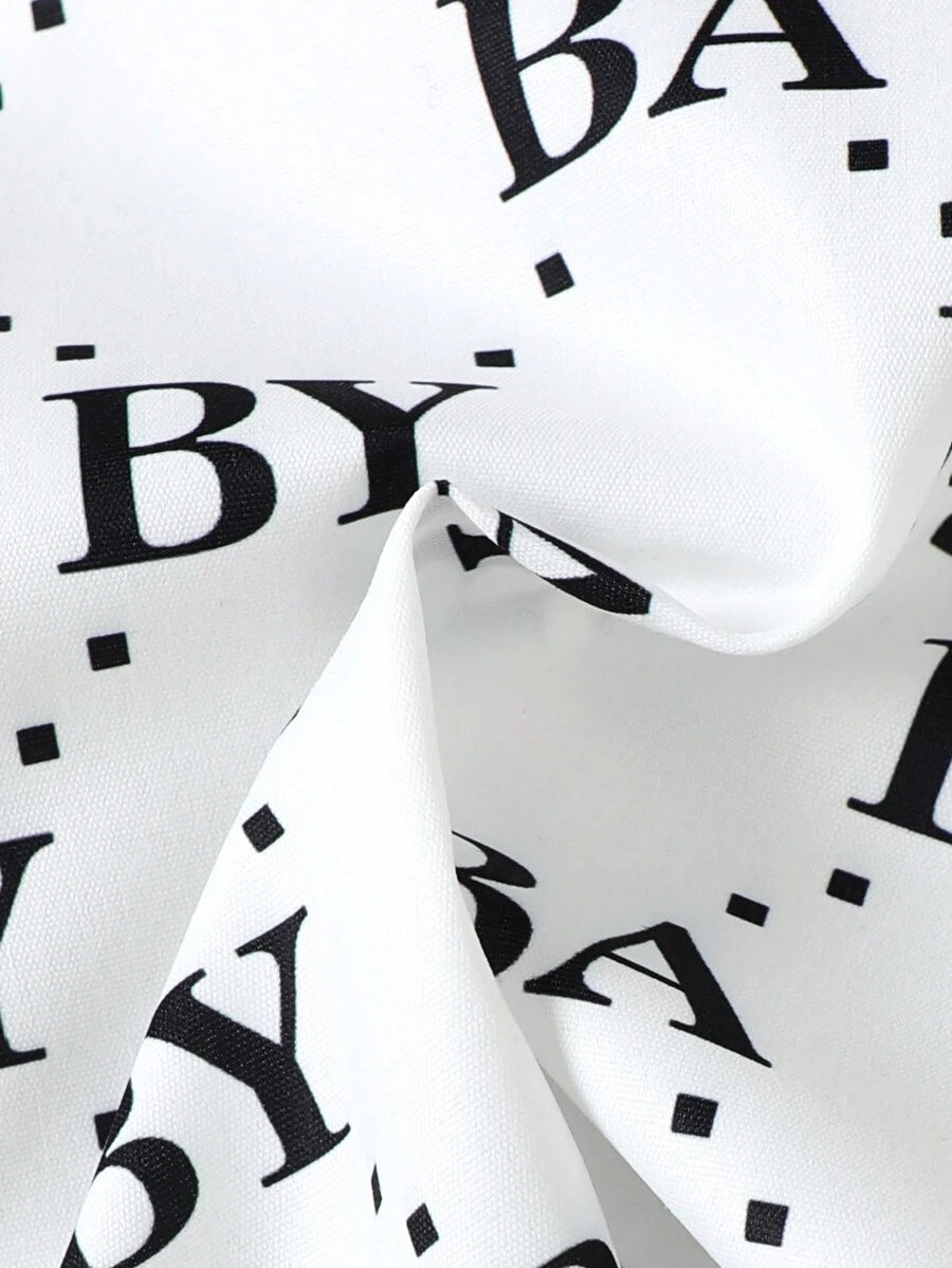 طقم بيبي ولادي 3 قطع – تيشيرت بأكمام قصيرة وشورت مع طبعة حروف، مناسب للربيع