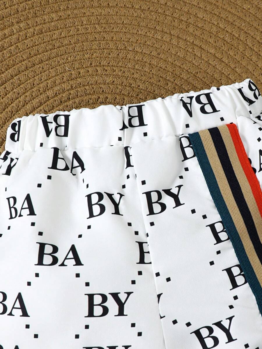 طقم بيبي ولادي 3 قطع – تيشيرت بأكمام قصيرة وشورت مع طبعة حروف، مناسب للربيع