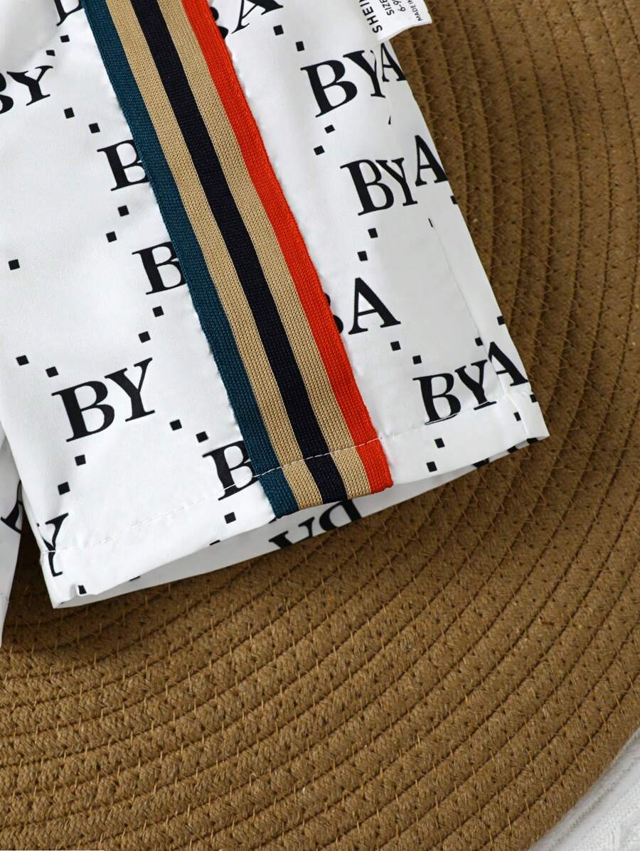 طقم بيبي ولادي 3 قطع – تيشيرت بأكمام قصيرة وشورت مع طبعة حروف، مناسب للربيع