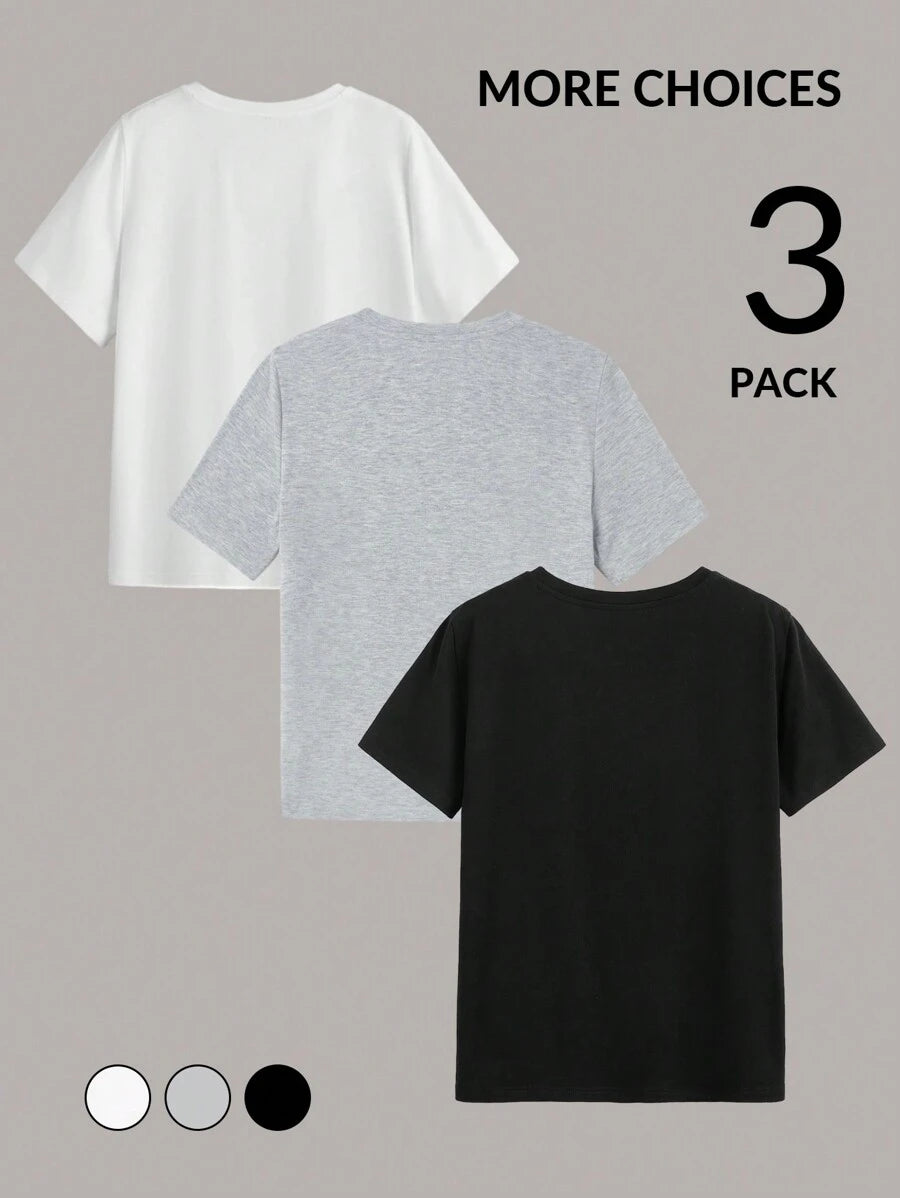 تيشيرت كاجوال بطبعة حروف (3 قطع) من إيزي وير – شي إن