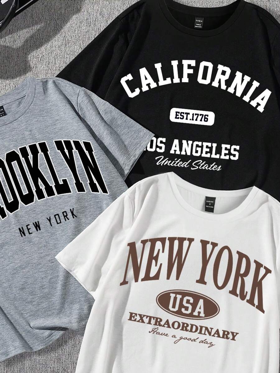 تيشيرت كاجوال بطبعة حروف (3 قطع) من إيزي وير – شي إن