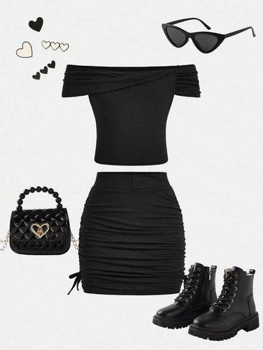 بلوزة سادة مكشوفة الأكتاف مع جيبة كاجوال بطيات من جيرليزم توين جيرل - شي إن