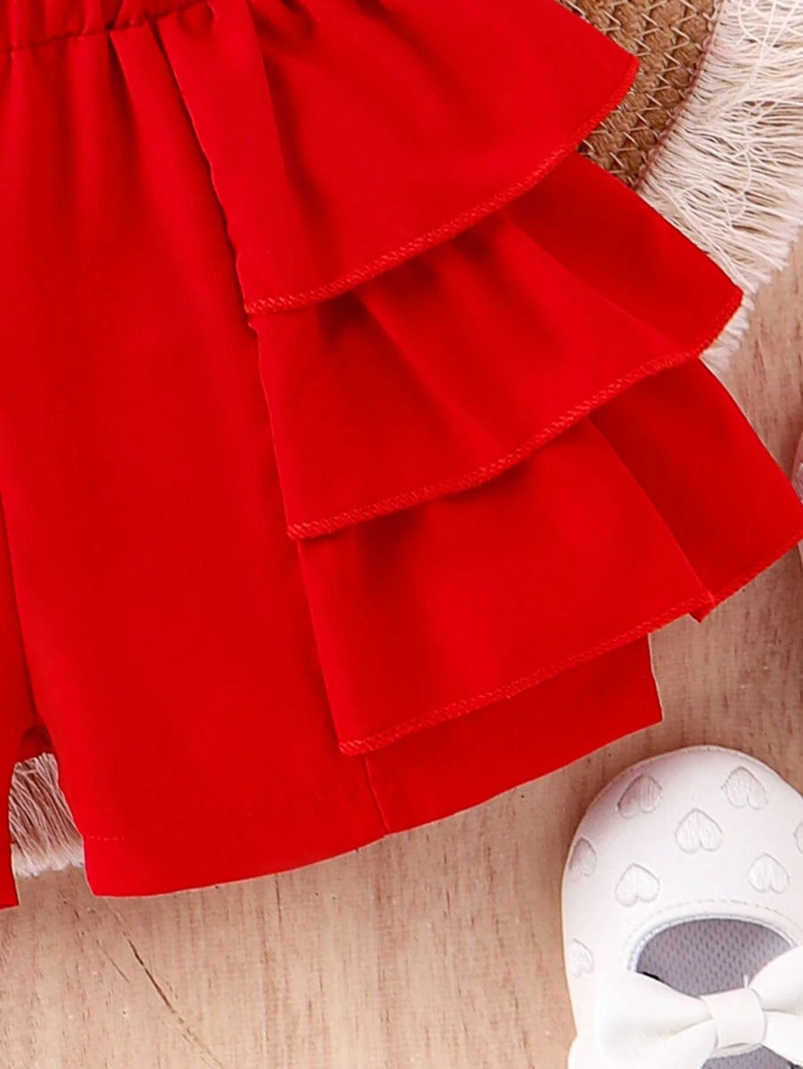 طقم بيبي بناتي – سترة قصيرة بحمالات مزينة بفافة مع شورت أحمر