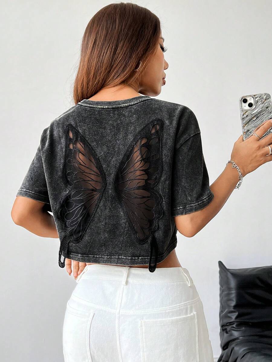 تي شيرت نسائي كاجوال بأكمام قصيرة من SHEIN EZwear أسود محبوك مناسب للربيع والصيف