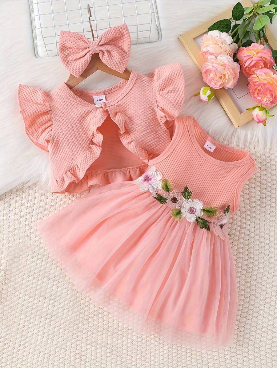 فستان صيفي عصري للفتيات الصغيرات بتصميم زهور من شبكة موصولة مع جاكيت بأكمام قصيرة وعصابة رأس بفيونكة، زي أنيق ولطيف