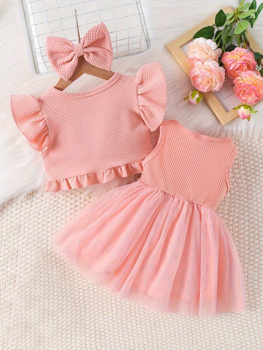 فستان صيفي عصري للفتيات الصغيرات بتصميم زهور من شبكة موصولة مع جاكيت بأكمام قصيرة وعصابة رأس بفيونكة، زي أنيق ولطيف