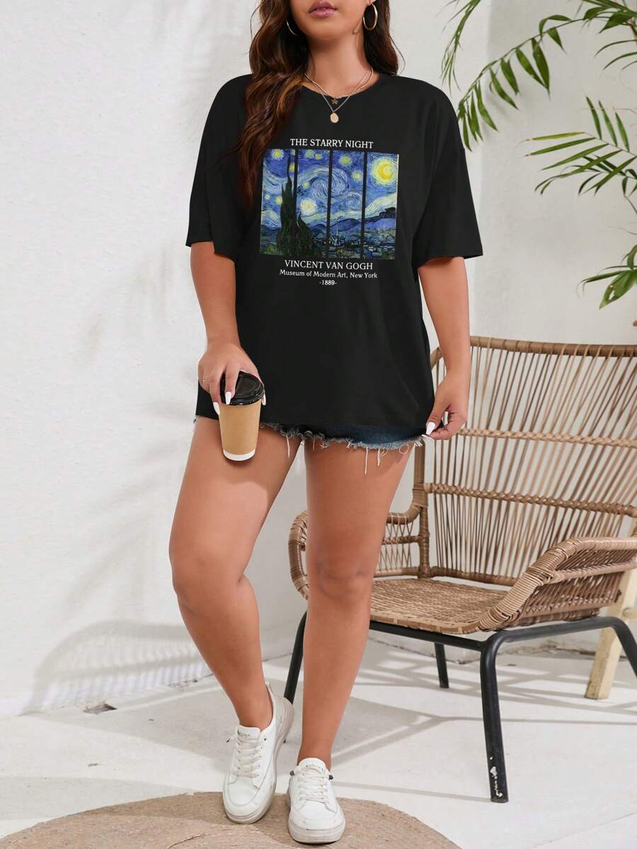 تيشيرت نسائي بلس من INAWLY بطبعة لوحة “The Starry Night” وشعار