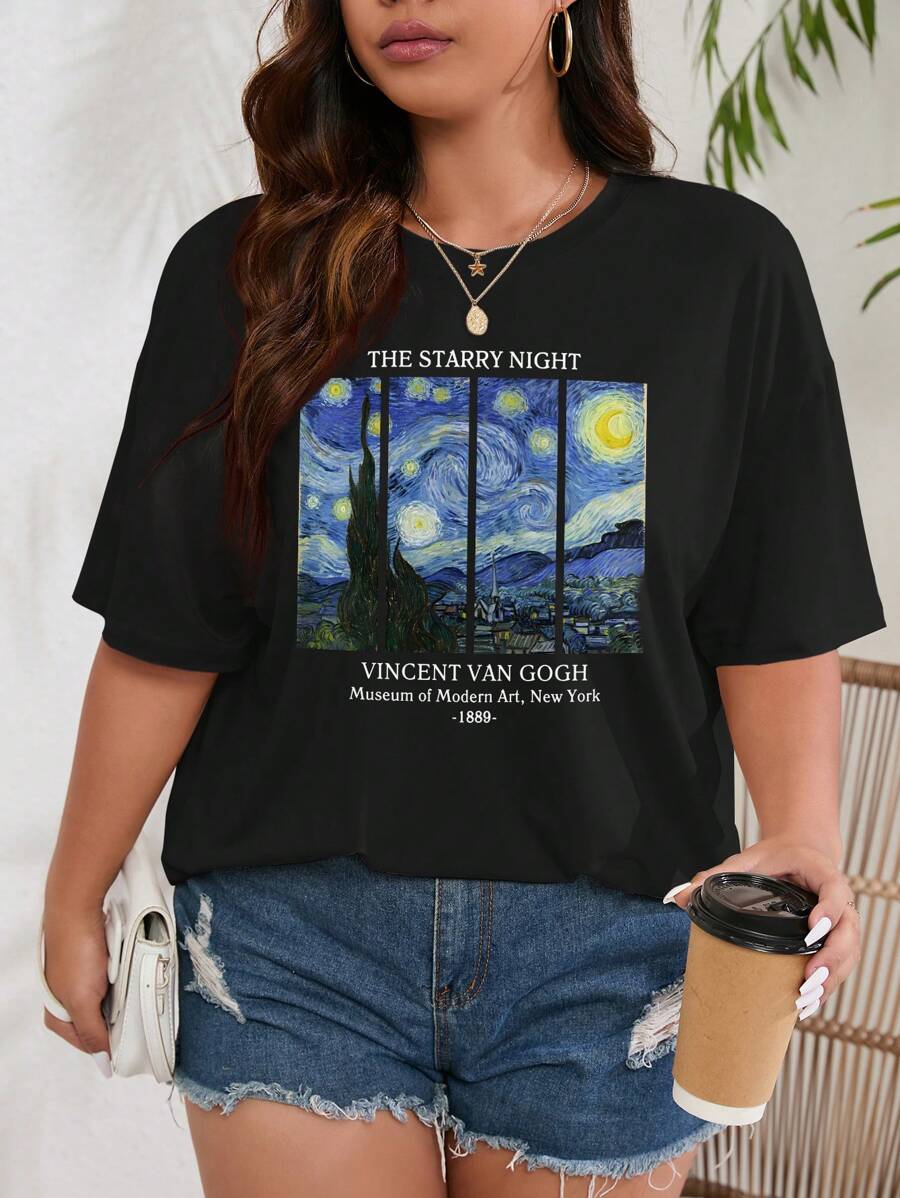 تيشيرت نسائي بلس من INAWLY بطبعة لوحة “The Starry Night” وشعار