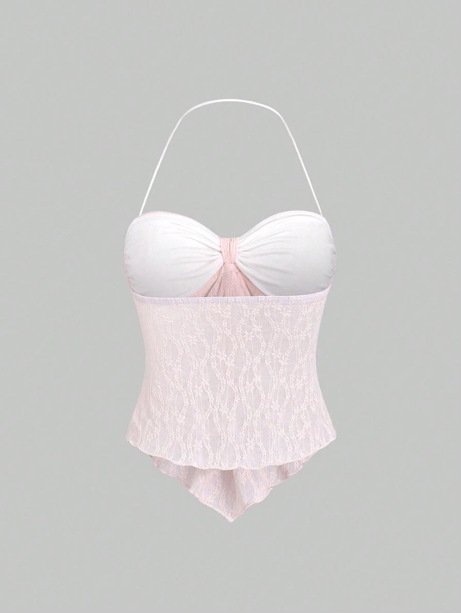 توب نسائي قصير صيفي بلون سادة من Sweetra – تصميم Halter Neck مع ربطة أمامية