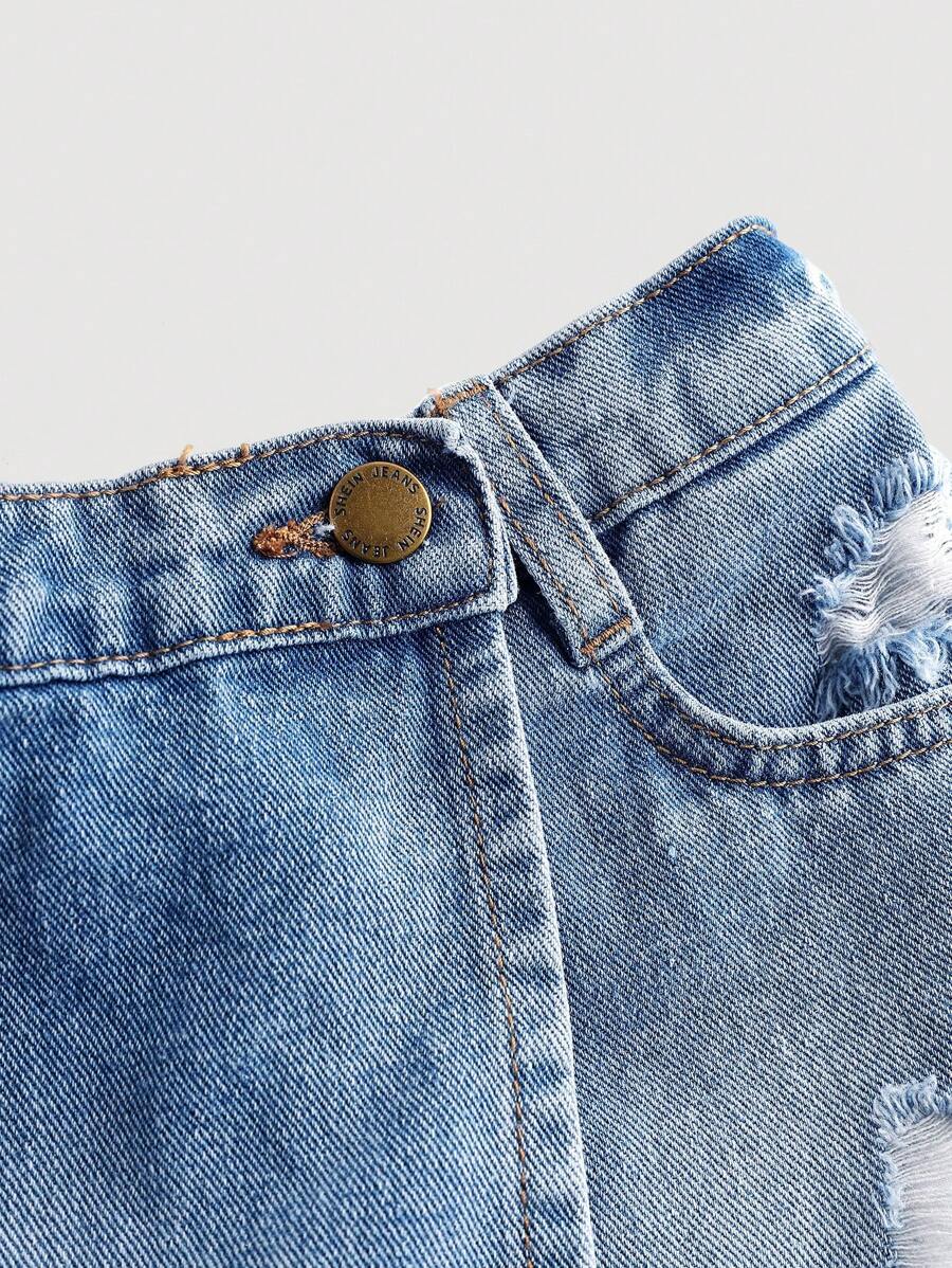 شورت-تنورة جينز للبنات بخصر عالٍ وتفاصيل ممزقة – SHEIN Girlism