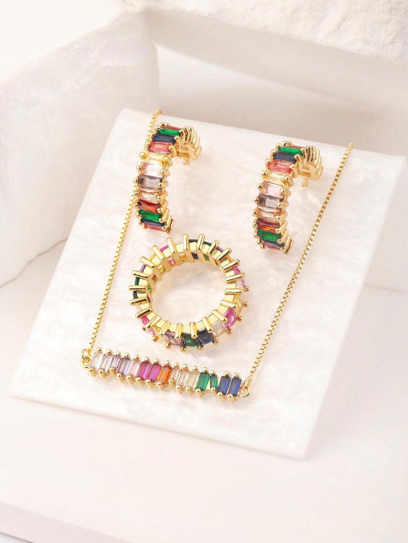 طقم مجوهرات نسائي  بحجر زركون ملون – خاتم وقلادة وأقراط، هدية رائعة