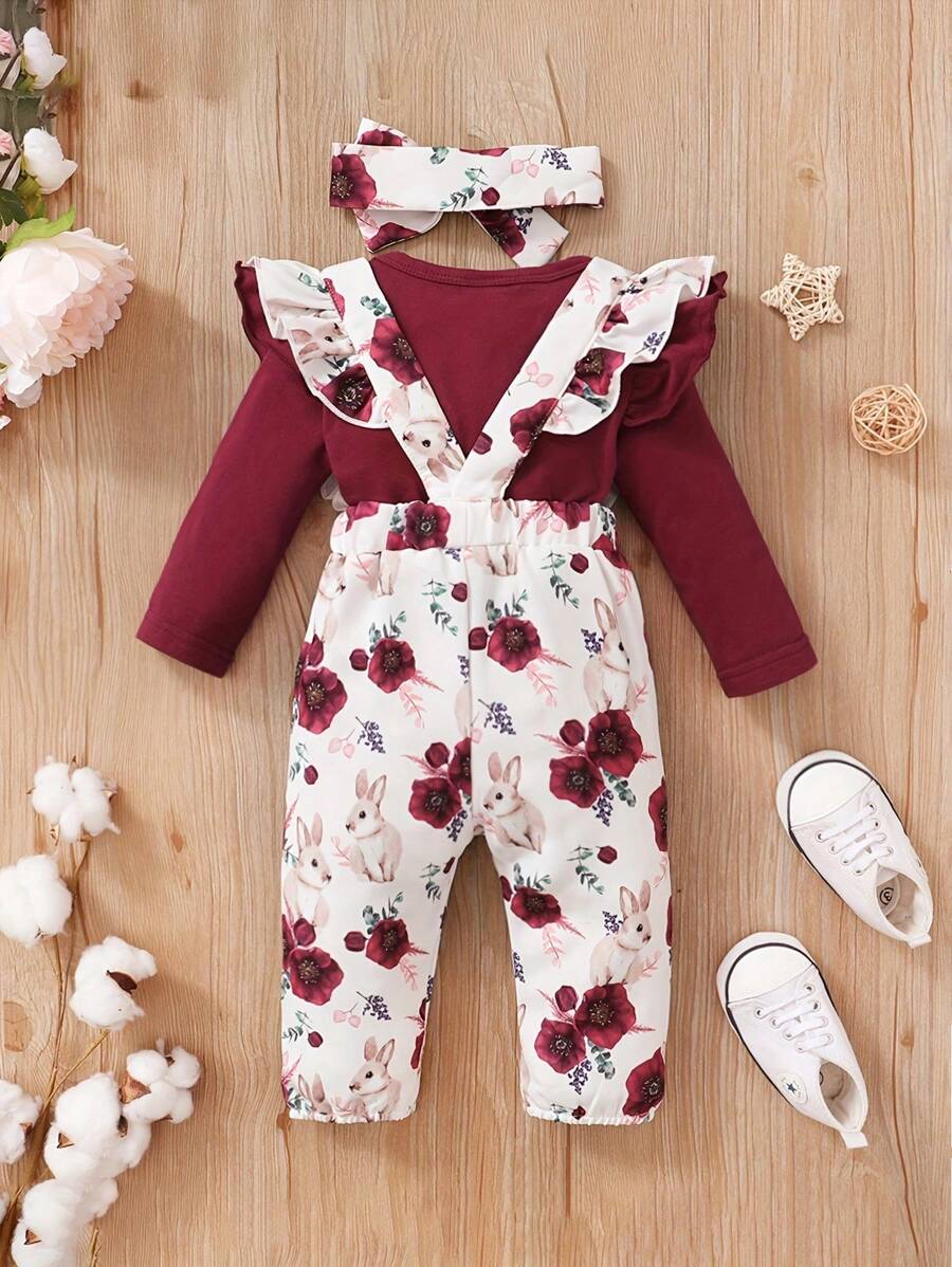 طقم ملابس كاجوال للبنات من BrownBark مكون من قطعتين: بلوزة بأكمام طويلة بلون واحد + أفرول مزين بنقشة زهور صغيرة مع فيونكة + غطاء للرأس