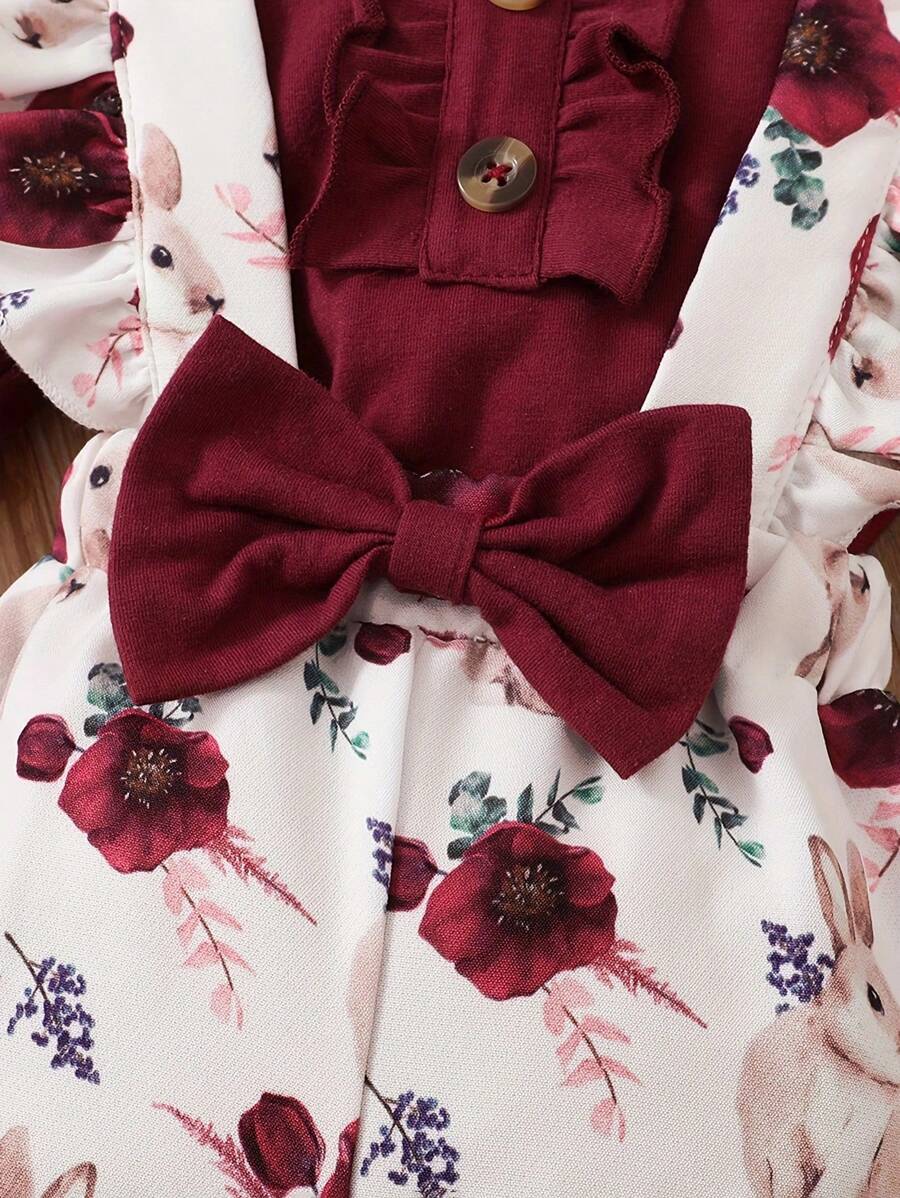 طقم ملابس كاجوال للبنات من BrownBark مكون من قطعتين: بلوزة بأكمام طويلة بلون واحد + أفرول مزين بنقشة زهور صغيرة مع فيونكة + غطاء للرأس