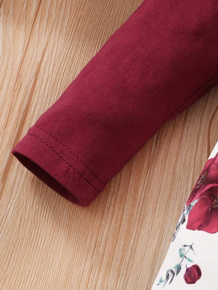 طقم ملابس كاجوال للبنات من BrownBark مكون من قطعتين: بلوزة بأكمام طويلة بلون واحد + أفرول مزين بنقشة زهور صغيرة مع فيونكة + غطاء للرأس